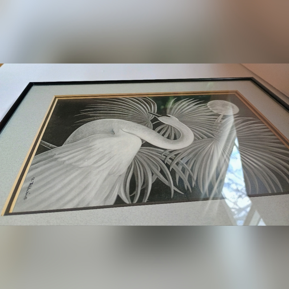 Vintage 80s Framed Art Deco Print Featuring A Night Scene Swan, Moon, & Palms. - Picture 3 of 9